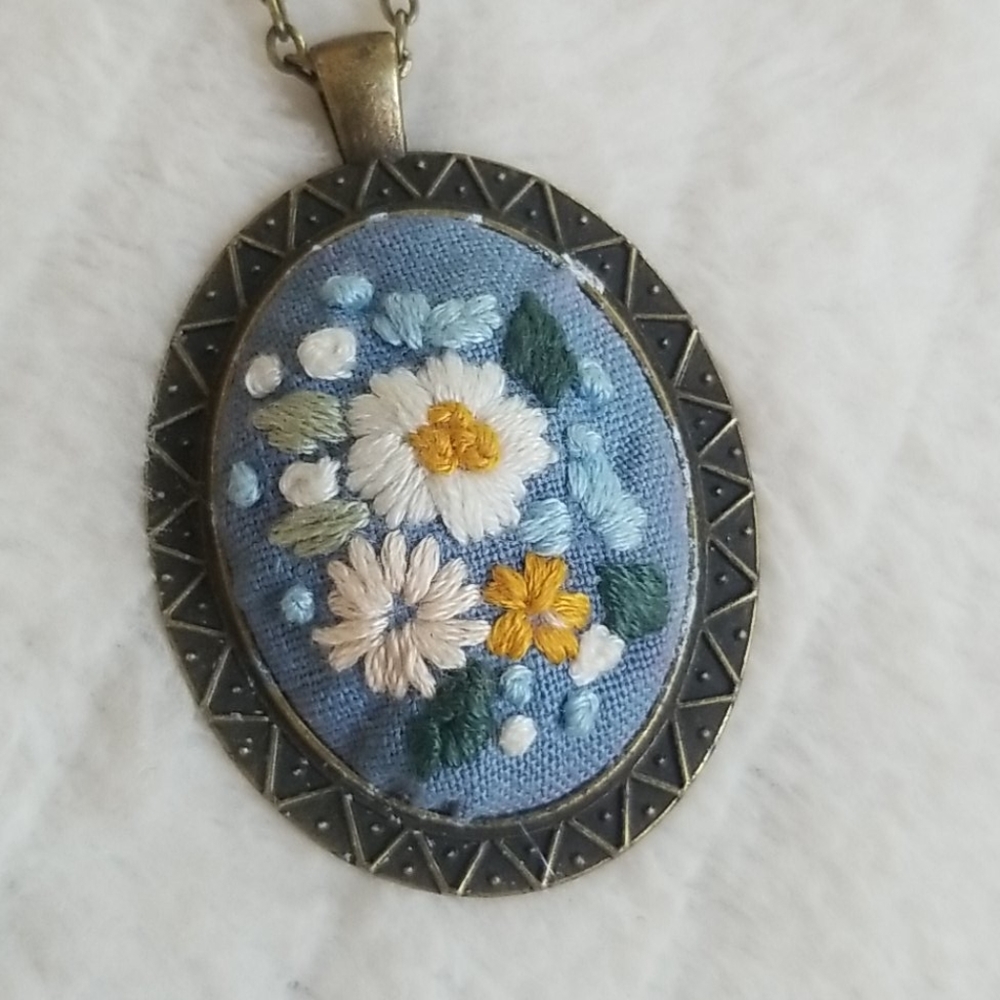 Hand Embroidered Floral Pendant Necklace
